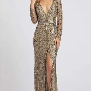 Mac Duggal Gold Long Sleeve Sequin Gown